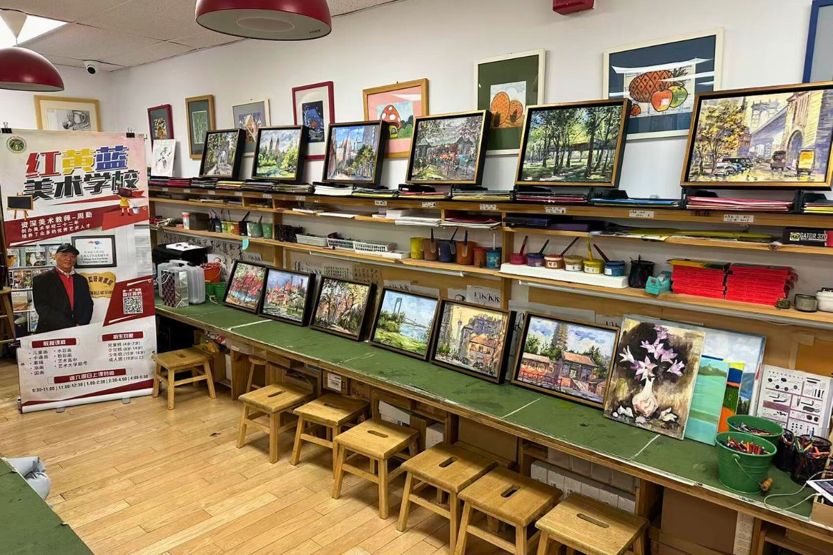 Art studio paintings and tables